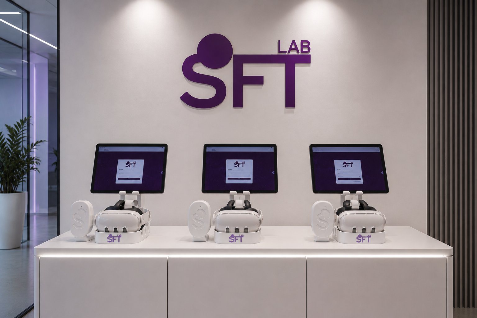 Tre postazioni con visore e tablet nel laboratorio di Soft Lab Zone